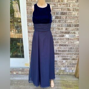 Vintage 90s Blue Velvet & Dusty Blue Draped Maxi Prom Formal Dress